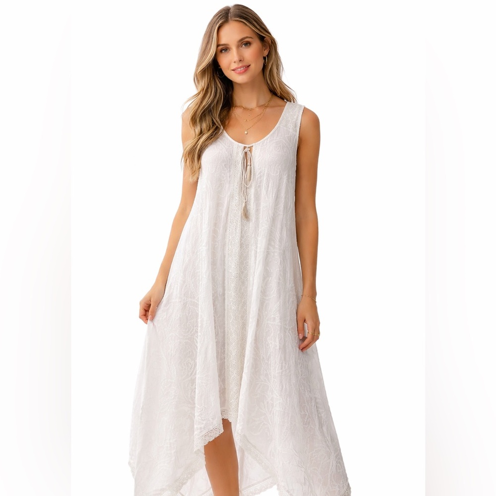 Women’s White Lace Maxi Dress with Tassel Tie
